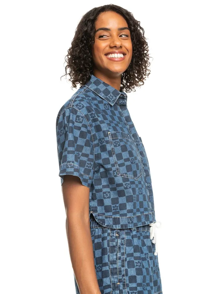 Roxy Tops Blue Wave Club Printed Short Sleeve Denim Shirt Mood Indigo Sol Power 8211 Women