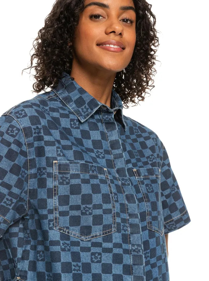 Roxy Tops Blue Wave Club Printed Short Sleeve Denim Shirt Mood Indigo Sol Power 8211 Women