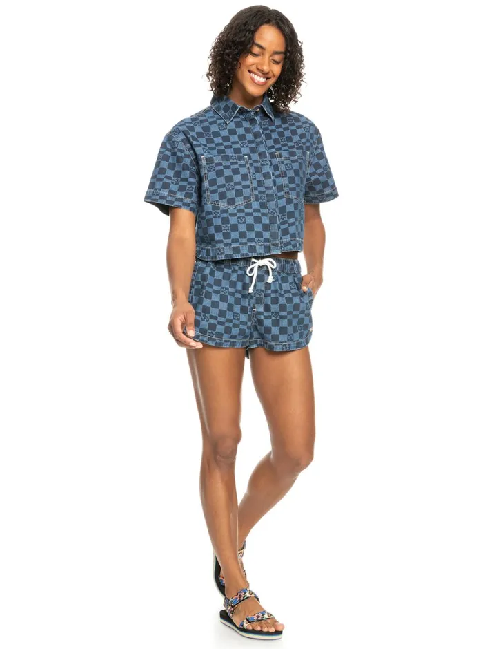 Roxy Tops Blue Wave Club Printed Short Sleeve Denim Shirt Mood Indigo Sol Power 8211 Women