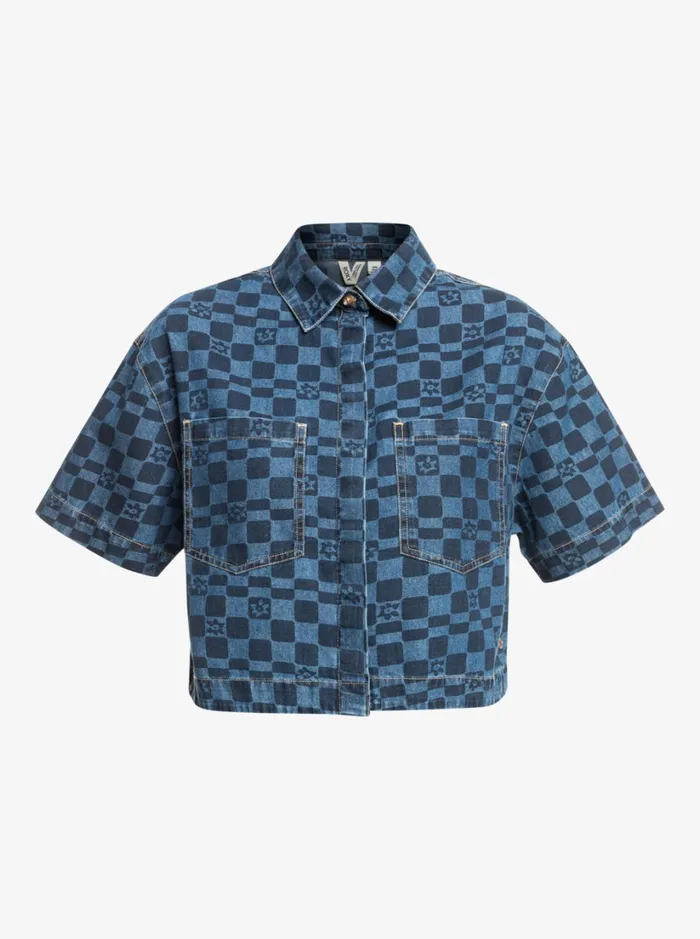 Roxy Tops Blue Wave Club Printed Short Sleeve Denim Shirt Mood Indigo Sol Power 8211 Women