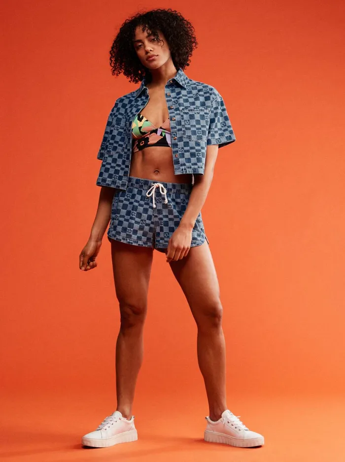 Roxy Tops Blue Wave Club Printed Short Sleeve Denim Shirt Mood Indigo Sol Power 8211 Women