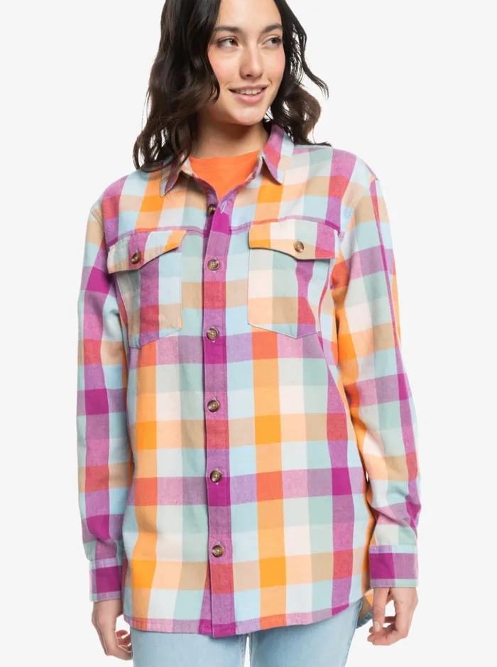 Roxy Tops Let It Go Flannel Long Sleeve Shirt Blue Surf Plaidodo 8211 Women