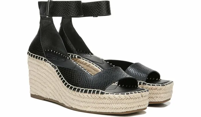 Sandals Women Franco Sarto Franco Camera Espadrille Wedge Sandal Black Snake Print Faux Leather