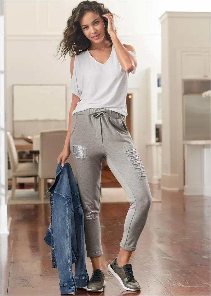 SEQUIN SLASH DETAIL JOGGER Heather Grey Women VENUS Bottoms