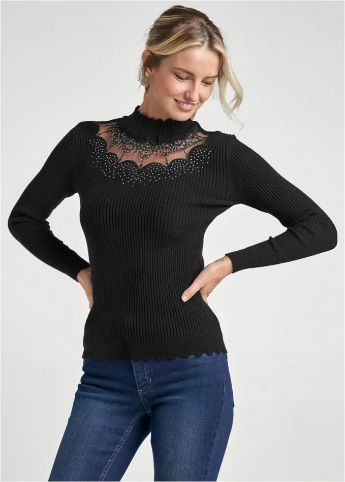 Sheer Detail MockNeck Sweater Black Women VENUS Sexy Sweaters