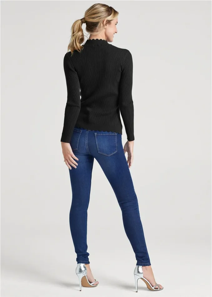 Sheer Detail MockNeck Sweater Black Women VENUS Sexy Sweaters