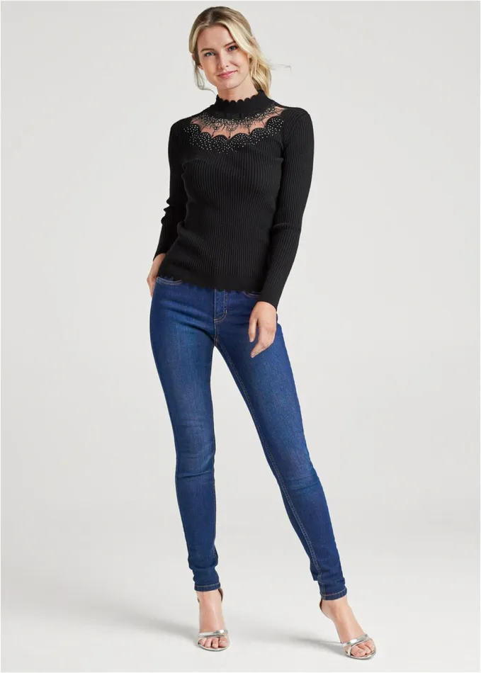 Sheer Detail MockNeck Sweater Black Women VENUS Sexy Sweaters