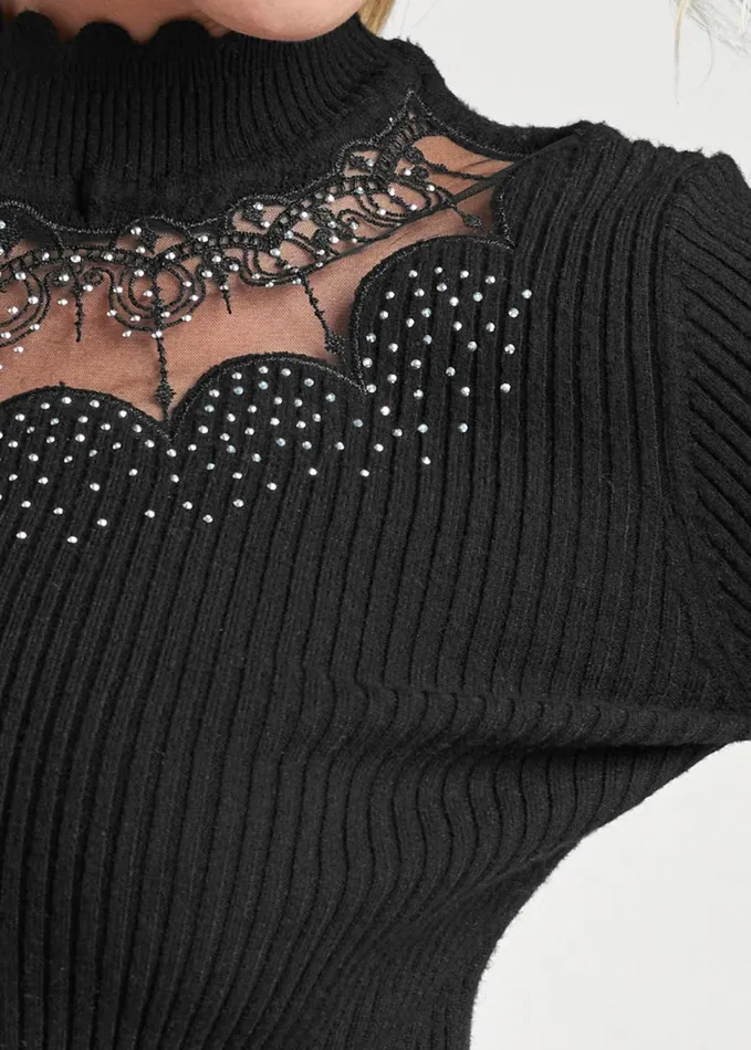 Sheer Detail MockNeck Sweater Black Women VENUS Sexy Sweaters