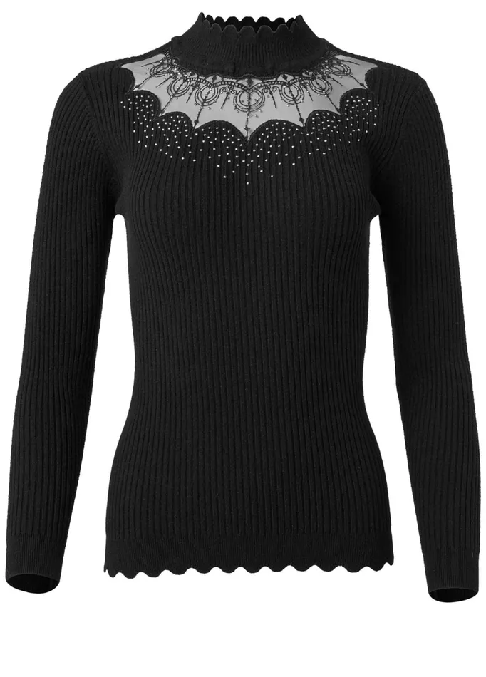 Sheer Detail MockNeck Sweater Black Women VENUS Sexy Sweaters
