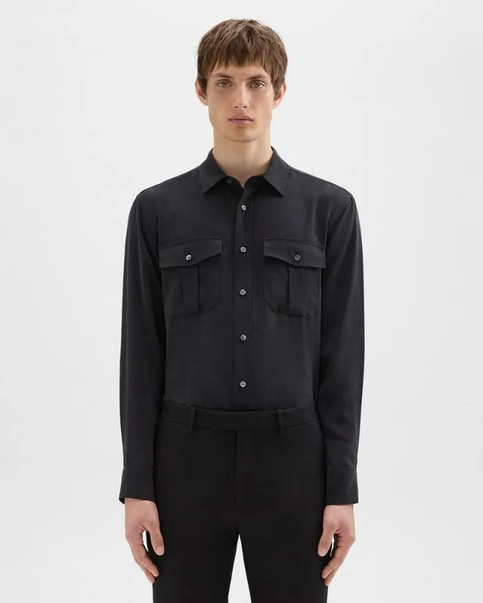 Shirts Men Theory Military Shirt In Fluid Twill Black