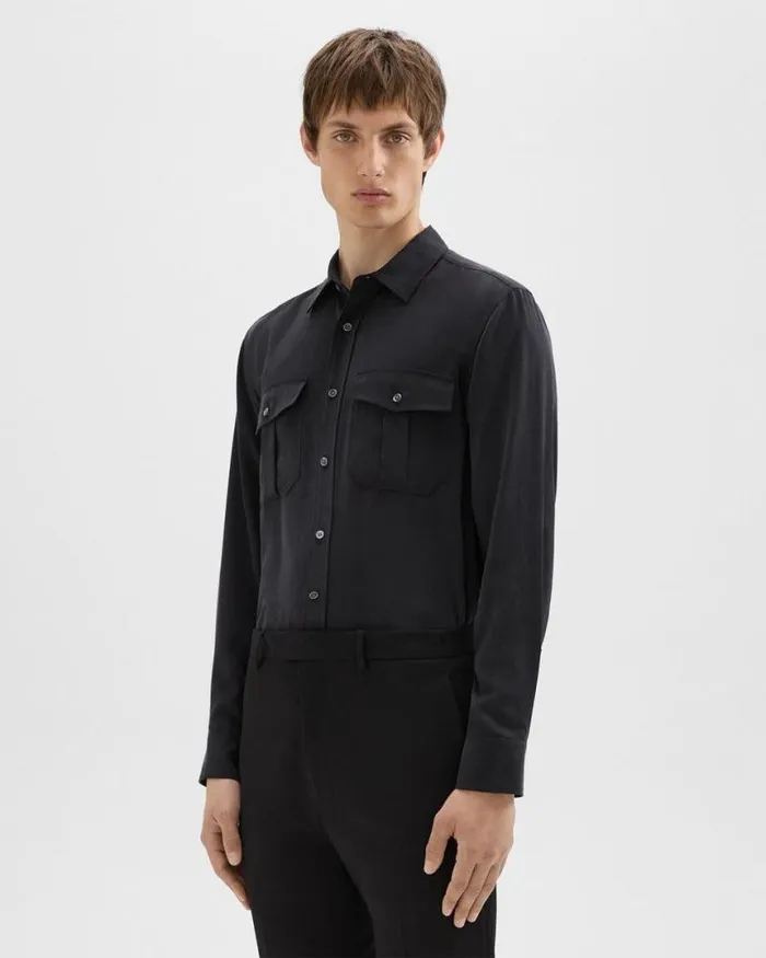 Shirts Men Theory Military Shirt In Fluid Twill Black