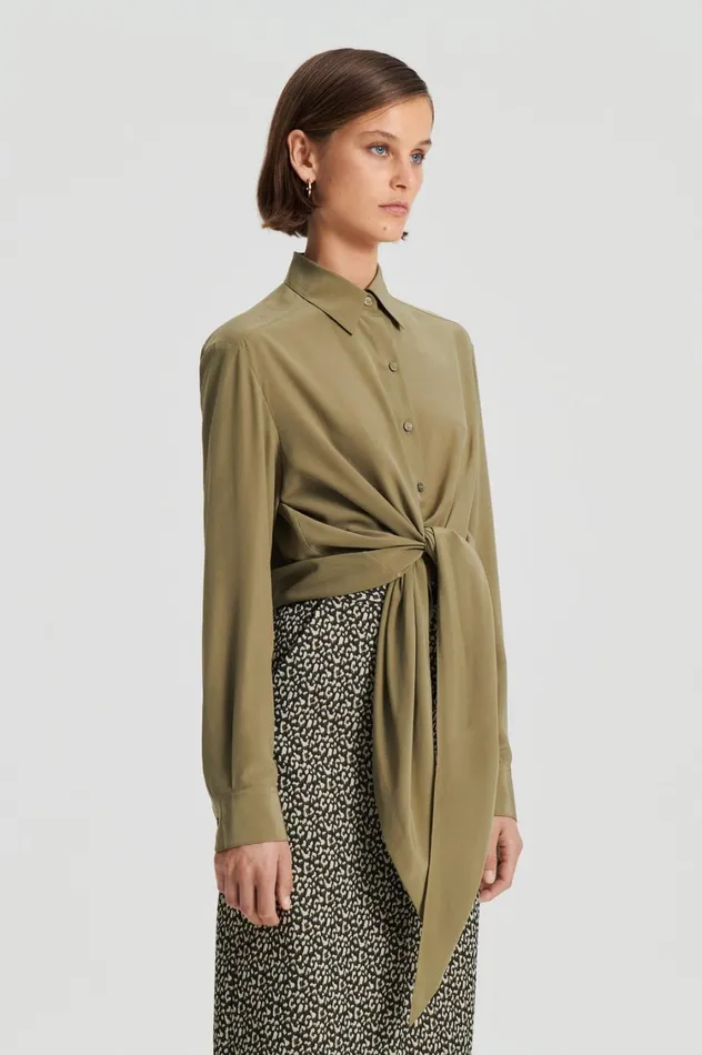 Shirts Women Scanlan Theodore SILK TIE FRONT SHIRT Olive Shirts Women Scanlan Theodore SILK TIE FRONT SHIRT Olive