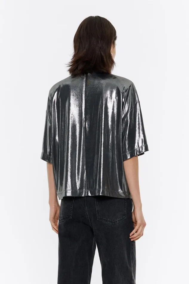 Silver Metallic Tshirt With Shoulder Pads Silver Women Bimba Y Lola TShirts Silver Metallic Tshirt With Shoulder Pads Silver Women Bimba Y Lola TShirts