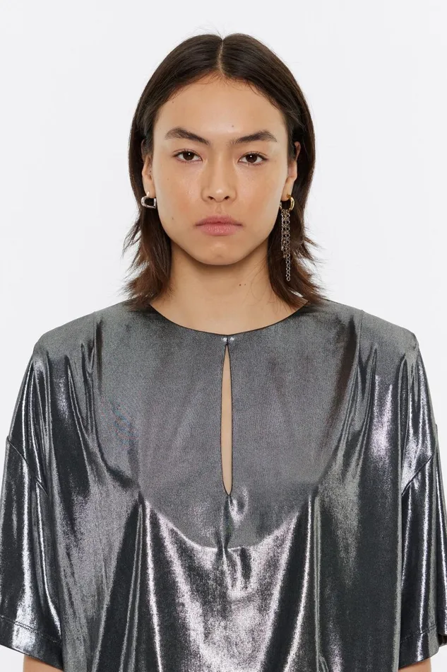 Silver Metallic Tshirt With Shoulder Pads Silver Women Bimba Y Lola TShirts Silver Metallic Tshirt With Shoulder Pads Silver Women Bimba Y Lola TShirts