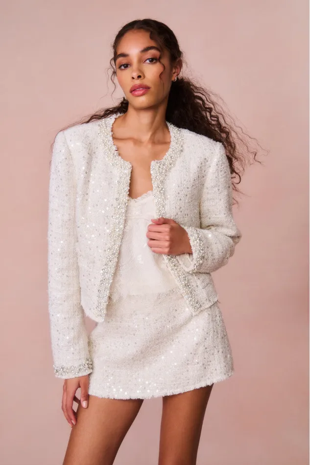 Skirts Women LoveShackFancy Wendina Sequined Tweed Mini Skirt Cream