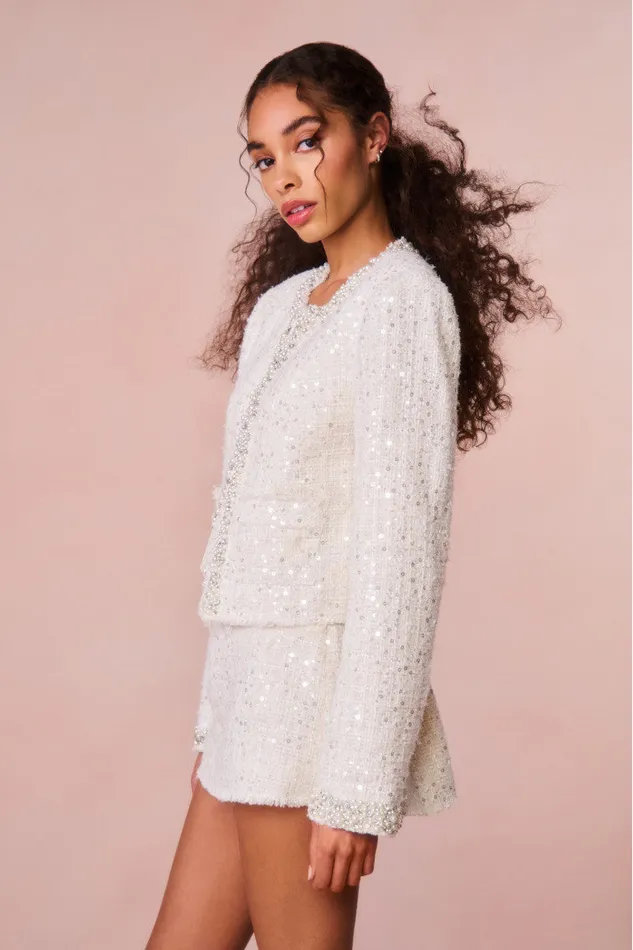 Skirts Women LoveShackFancy Wendina Sequined Tweed Mini Skirt Cream