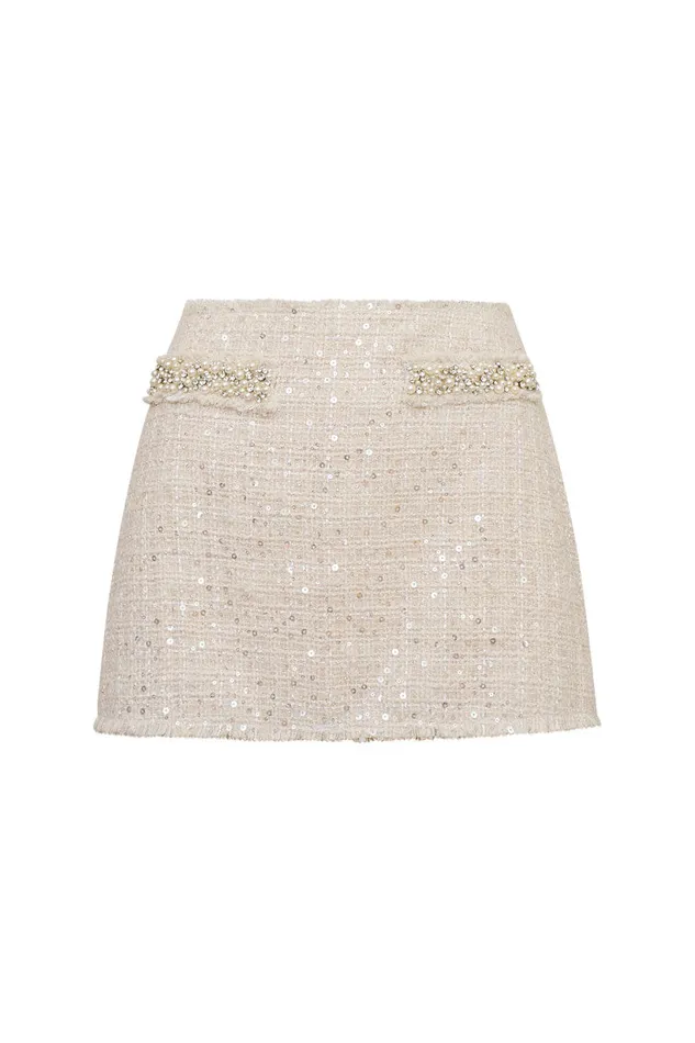 Skirts Women LoveShackFancy Wendina Sequined Tweed Mini Skirt Cream