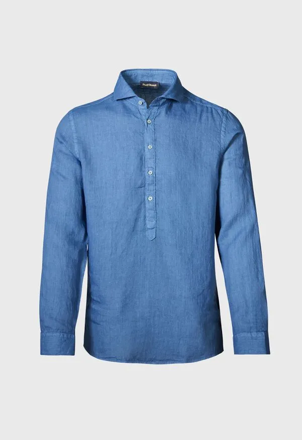 Sport Shirts Paulstuart Mens Linen Half Placket Sport Shirt Medium Blue