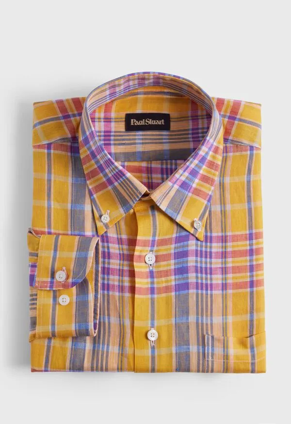 Sport Shirts Paulstuart Mens Linen Plaid Sport Shirt PinkGreen