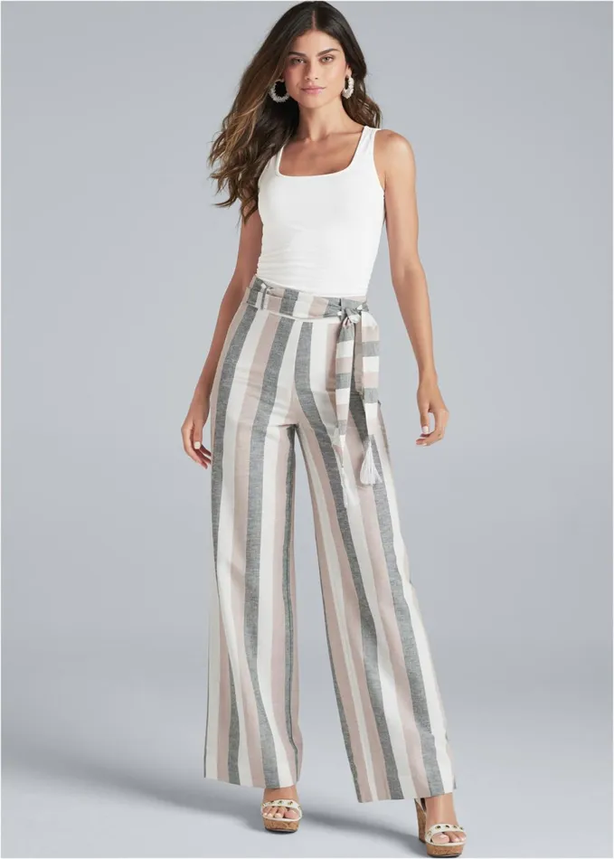 Striped Wide Leg Linen Pants With Self Belt White Multi Women VENUS Casual