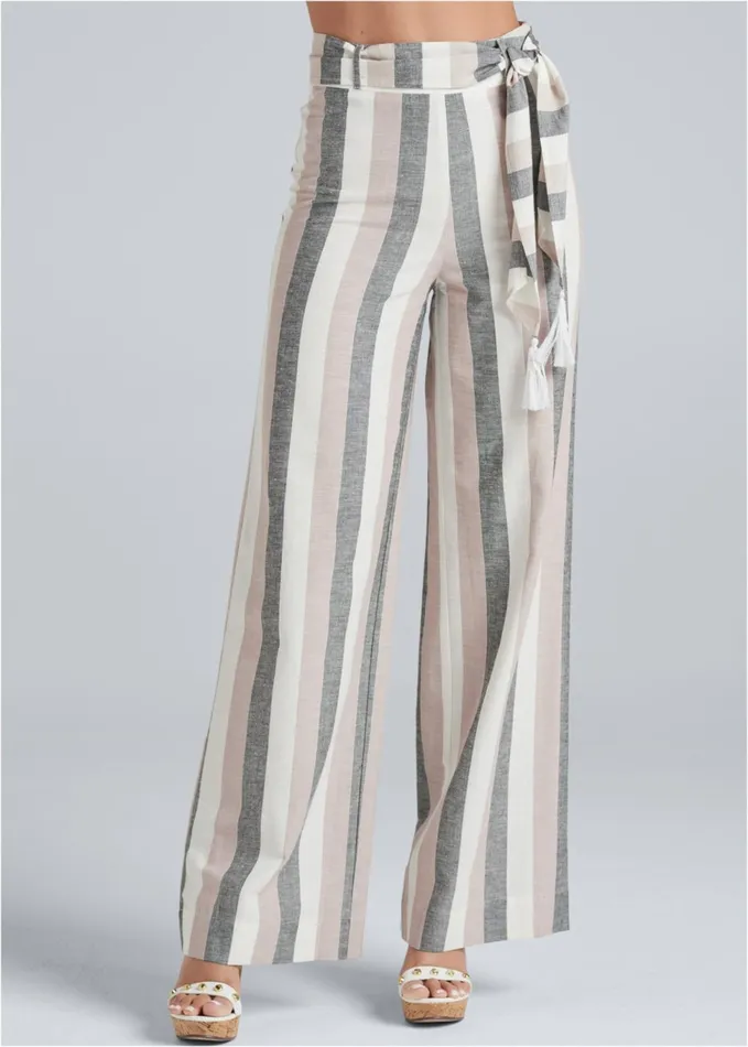 Striped Wide Leg Linen Pants With Self Belt White Multi Women VENUS Casual Striped Wide Leg Linen Pants With Self Belt White Multi Women VENUS Casual