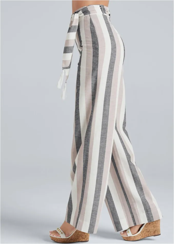 Striped Wide Leg Linen Pants With Self Belt White Multi Women VENUS Casual Striped Wide Leg Linen Pants With Self Belt White Multi Women VENUS Casual