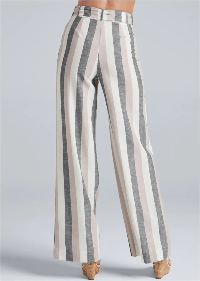 Striped Wide Leg Linen Pants With Self Belt White Multi Women VENUS Casual Striped Wide Leg Linen Pants With Self Belt White Multi Women VENUS Casual