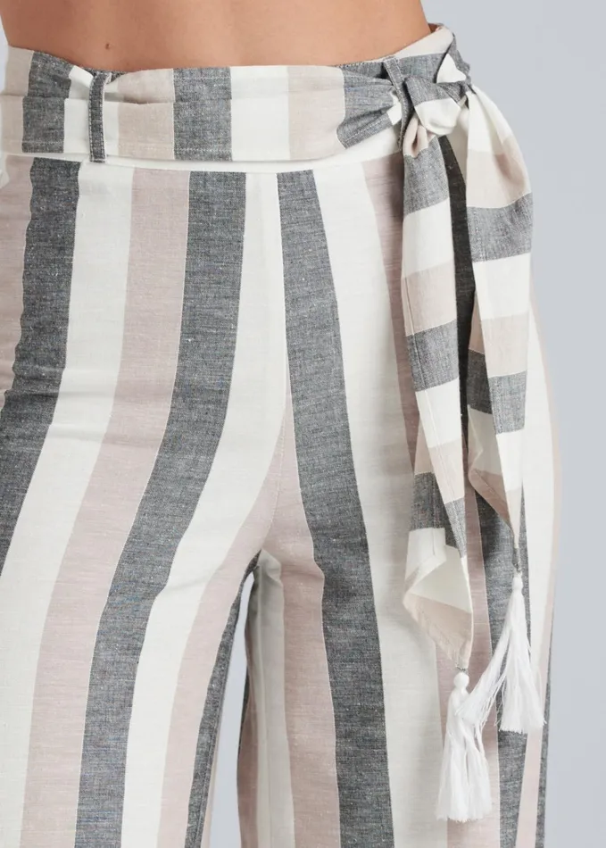 Striped Wide Leg Linen Pants With Self Belt White Multi Women VENUS Casual Striped Wide Leg Linen Pants With Self Belt White Multi Women VENUS Casual