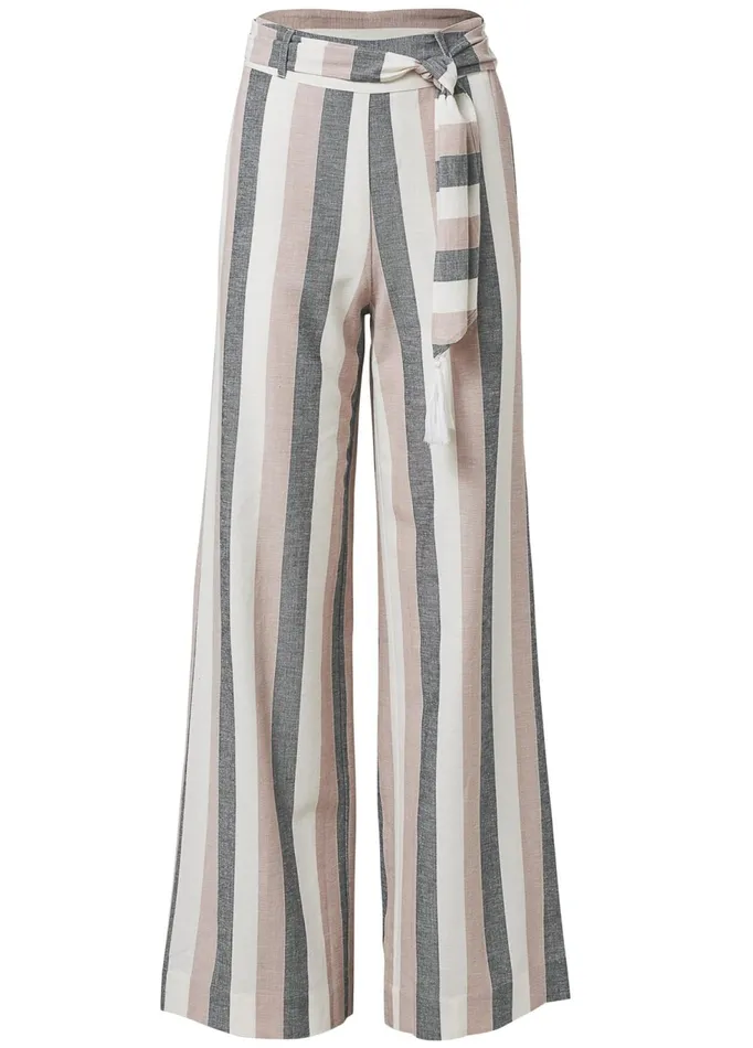 Striped Wide Leg Linen Pants With Self Belt White Multi Women VENUS Casual Striped Wide Leg Linen Pants With Self Belt White Multi Women VENUS Casual
