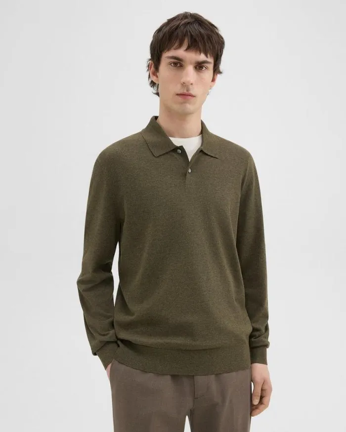 Sweaters Cardigans Men Theory Goris LongSleeve Polo Shirt In Light Bilen Hunter Green Melange