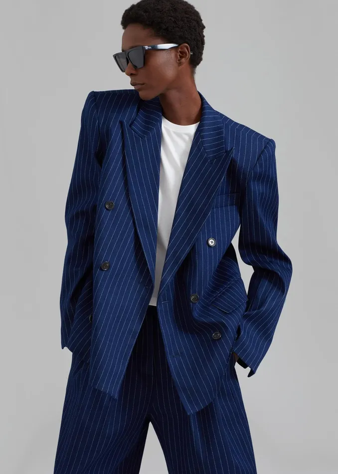 The Frankie Shop Outerwear Fargo Oversized Denim Padded Blazer 8211 Navy Pinstripe 8211 Women