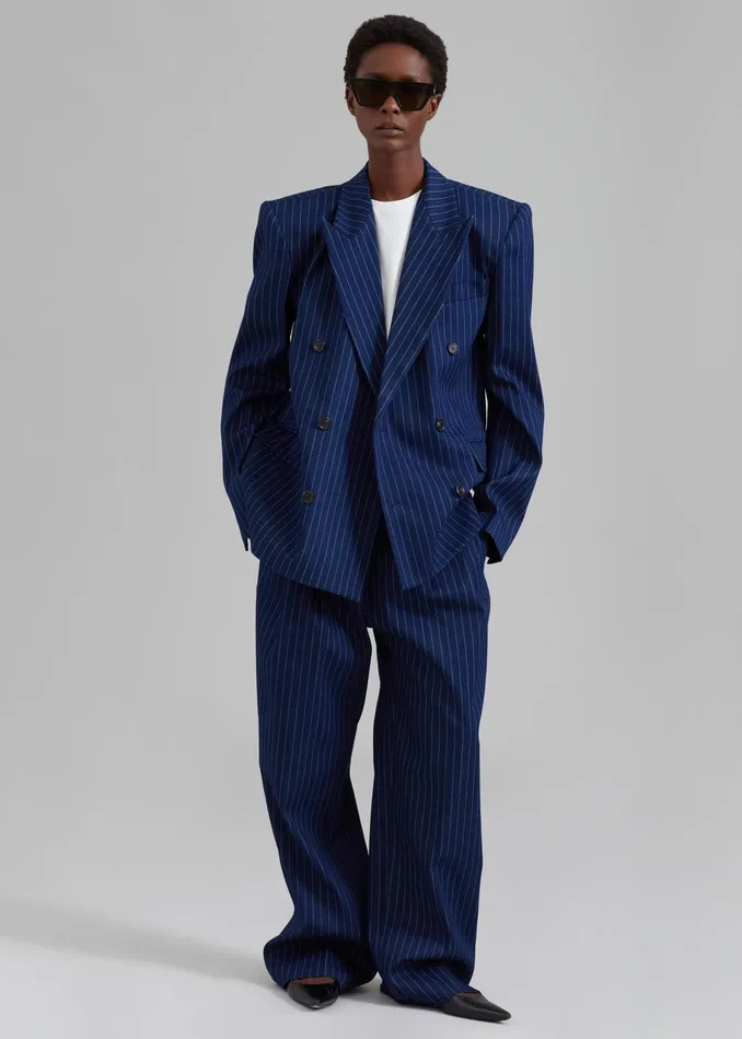 The Frankie Shop Outerwear Fargo Oversized Denim Padded Blazer 8211 Navy Pinstripe 8211 Women