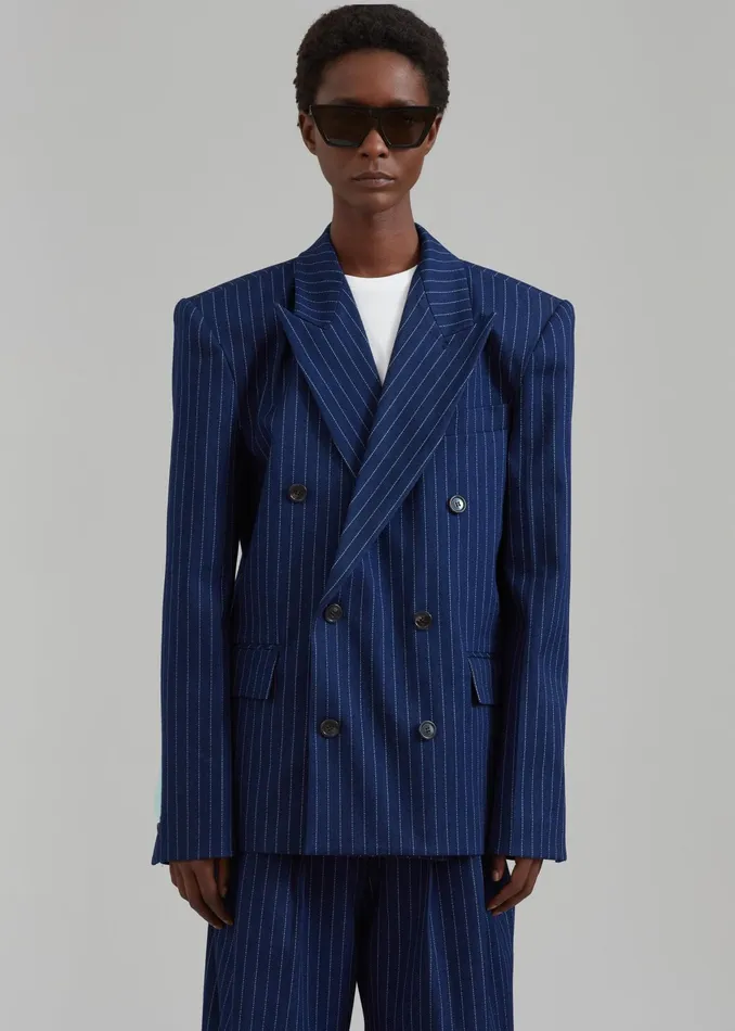 The Frankie Shop Outerwear Fargo Oversized Denim Padded Blazer 8211 Navy Pinstripe 8211 Women