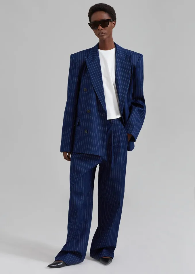 The Frankie Shop Outerwear Fargo Oversized Denim Padded Blazer 8211 Navy Pinstripe 8211 Women