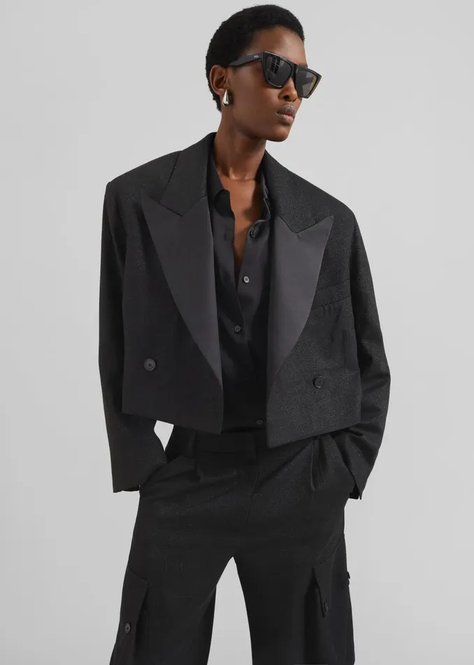 The Frankie Shop Outerwear Rosmont Shimmer Cropped Smoking Jacket 8211 Black 8211 Women The Frankie Shop Outerwear Rosmont Shimmer Cropped Smoking Jacket 8211 Black 8211 Women