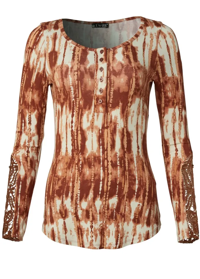 TIE DYE HENLEY TOP Rust Multi Women VENUS Casual Tops