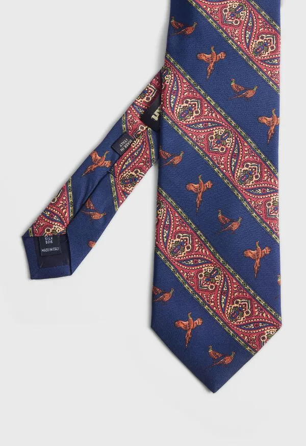 Ties Paulstuart Mens Deco Stripe and Bird Print Tie Burgundy