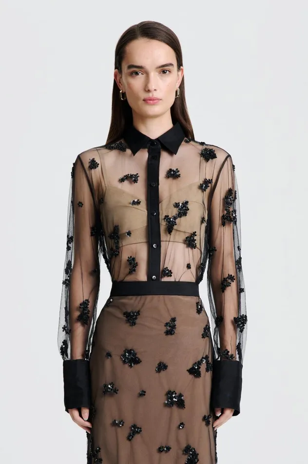 Tops Women Scanlan Theodore BEADED TULLE SHIRT Black Tops Women Scanlan Theodore BEADED TULLE SHIRT Black