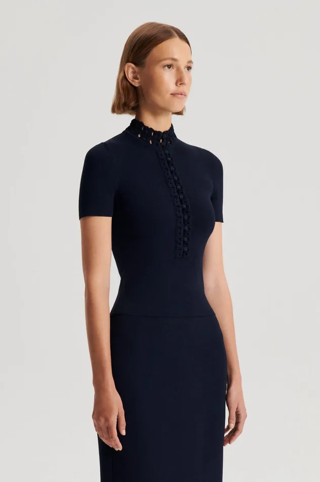 Tops Women Scanlan Theodore CREPE KNIT DAISY SHORT SLEEVE TOP Navy Tops Women Scanlan Theodore CREPE KNIT DAISY SHORT SLEEVE TOP Navy