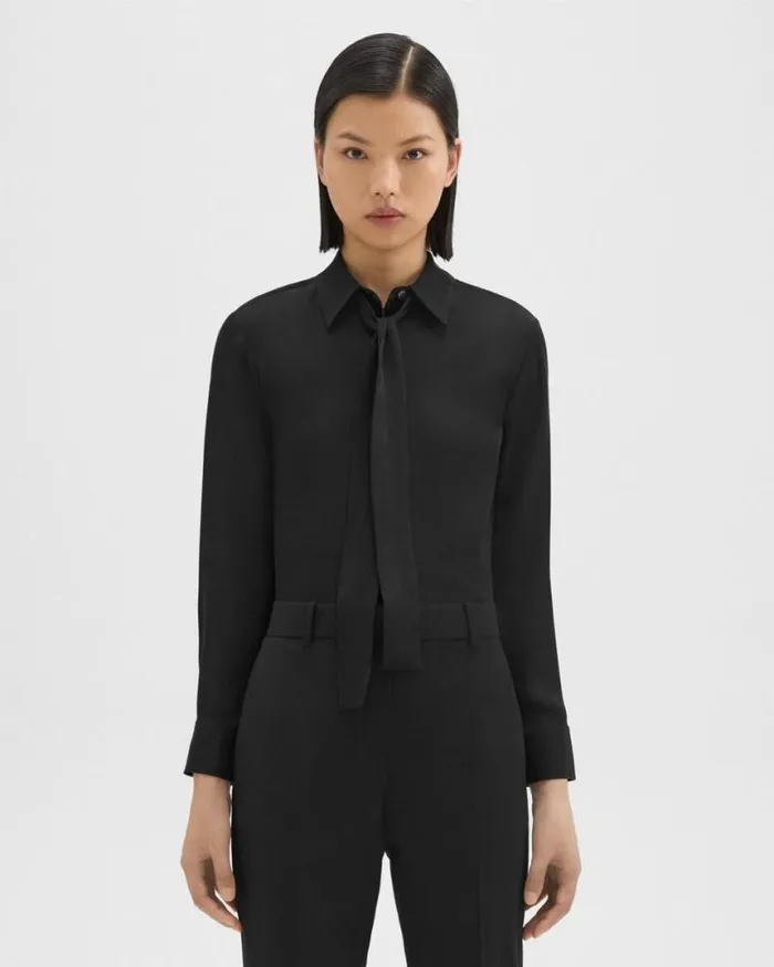 Tops Women Theory Tie Neck Blouse In Silk Georgette Black