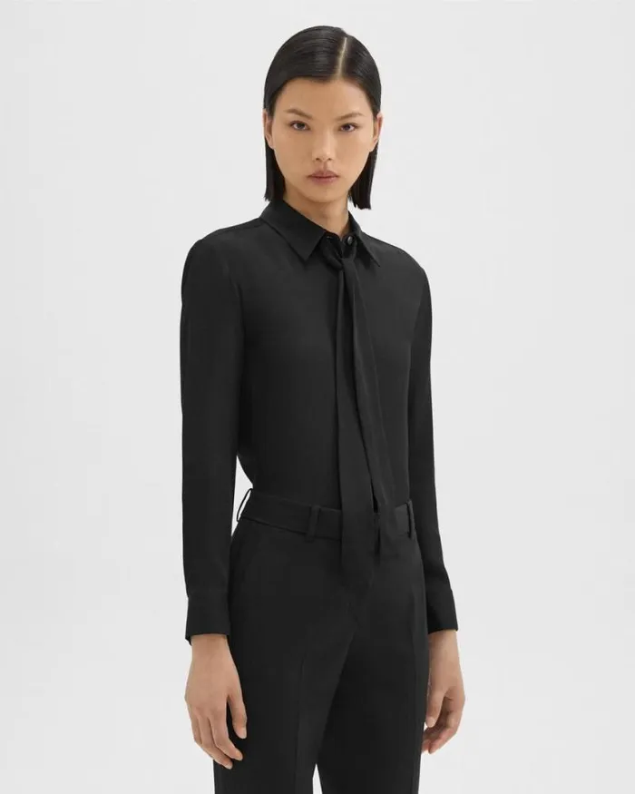 Tops Women Theory Tie Neck Blouse In Silk Georgette Black