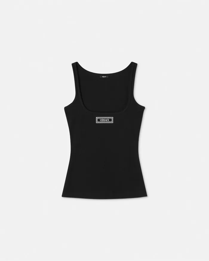 Versace 90s Vintage Logo Ribbed Tank Top Black Women TShirts and Sweatshirts