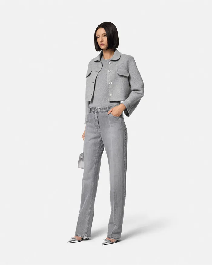 Versace Barocco CashmereBlend Crop Jacket Gray Women Outerwear and Coats