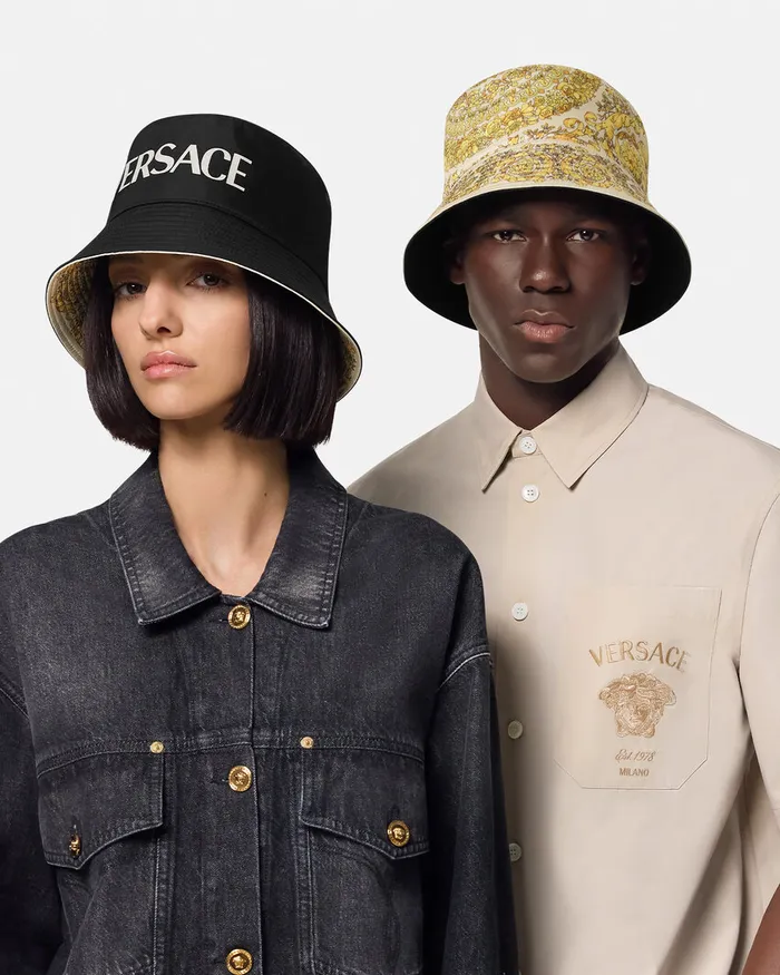Versace Barocco Reversible Bucket Hat Yellowprint WomenMen Hats and Caps