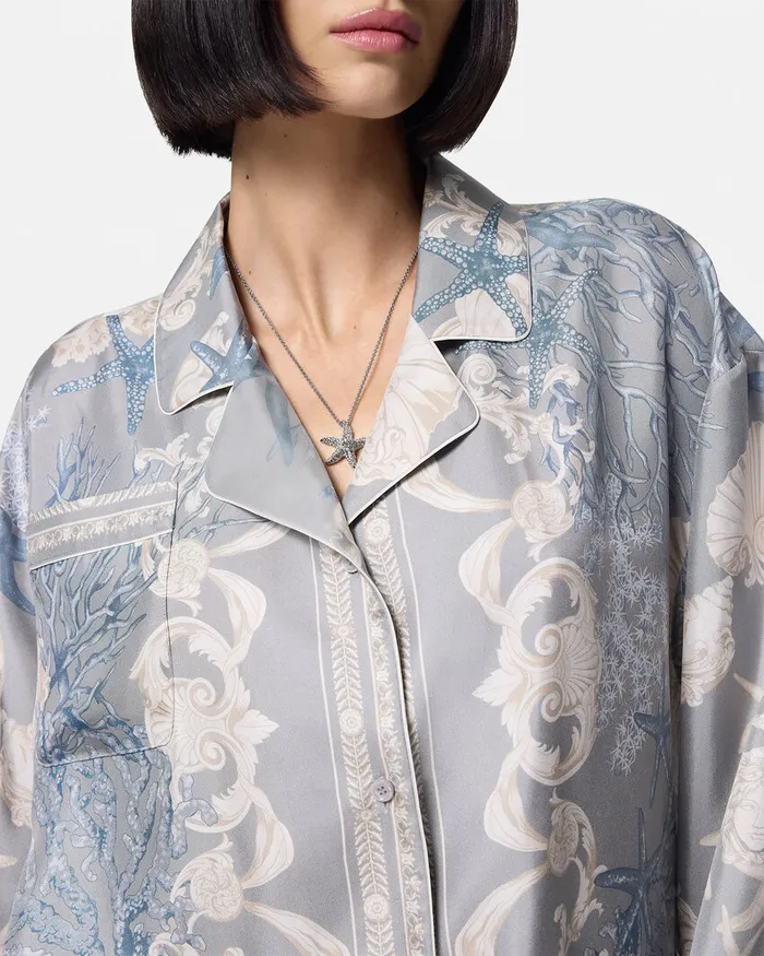 Versace Barocco Sea Oversized Silk Shirt Blueprint Women Shirts and Tops