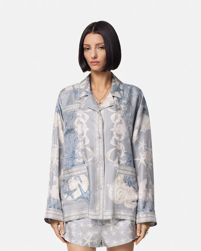 Versace Barocco Sea Oversized Silk Shirt Blueprint Women Shirts and Tops