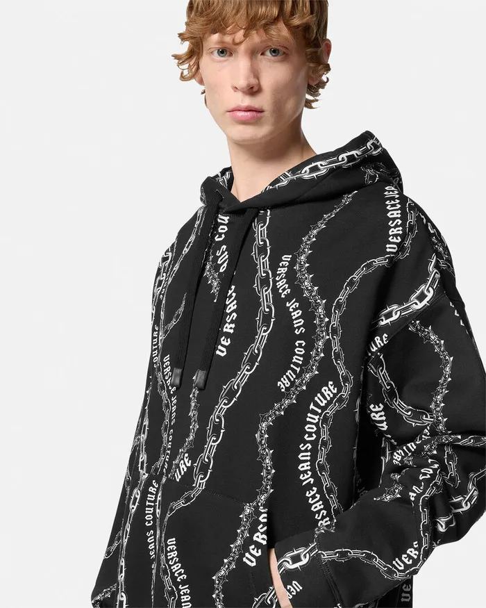 Versace Chain Couture LooseFit Hoodie Blackprint Men Jeans Couture