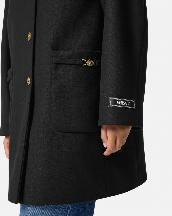 Versace Collarless FeltedWool Long Caban Coat Black Women Outerwear and Coats