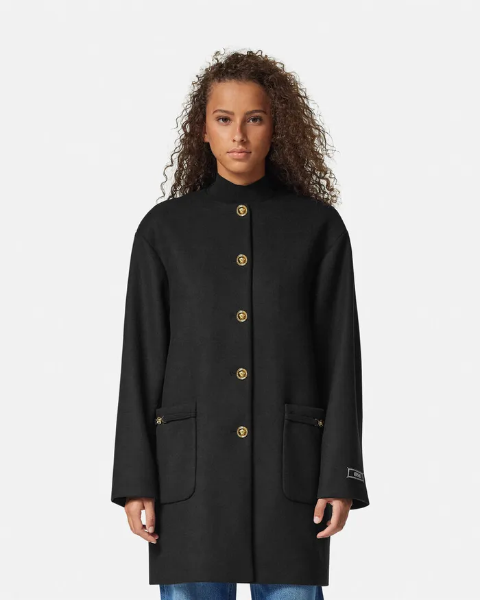 Versace Collarless FeltedWool Long Caban Coat Black Women Outerwear and Coats