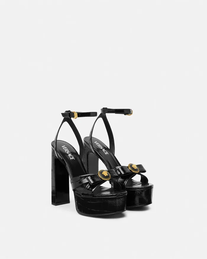 Versace CrocEffect Gianni Ribbon Sandals 140 Mm Blackgold Women Sandals